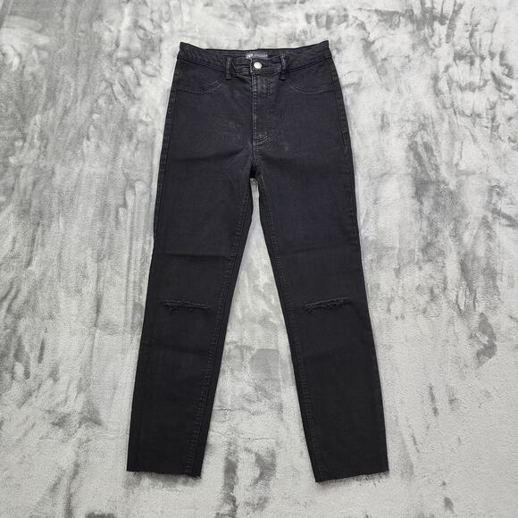 Zara Jeans Womens 6 Black High Rise Skinny Raw Ripped Busted Knee Stretch Denim - Picture 1 of 13
